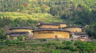 Fujian Tulou or Hakka Tulou at Tianluokeng, the most famous Earthen buildings (Chinese rural dwelling, Earth dwelling) in Fujian China. World heritage site. (Ancient Chinese Condominium, Apartment)