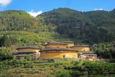 Fujian Tulou or Hakka Tulou at Tianluokeng, the most famous Earthen buildings (Chinese rural dwelling, Earth dwelling) in Fujian China. World heritage site. (Ancient Chinese Condominium, Apartment)