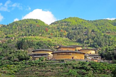 Fujian Tulou or Hakka Tulou at Tianluokeng, the most famous Earthen buildings (Chinese rural dwelling, Earth dwelling) in Fujian China. World heritage site. (Ancient Chinese Condominium, Apartment)