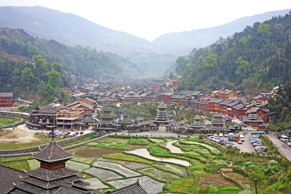 Zhaoxing Dong Zai Alte Stadt Dorf Zhao Xing Morgennebel Provinz — Stockfoto