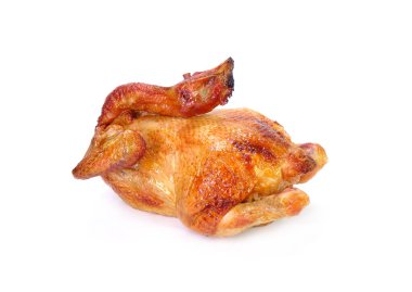 Kızarmış tavuk beyaz arka planda izole edilmiş. Geleneksel Kanton tavuğu Çin yeni yılı, mezar temizleme günü ve tüm Çin bayramları için kızartılır.