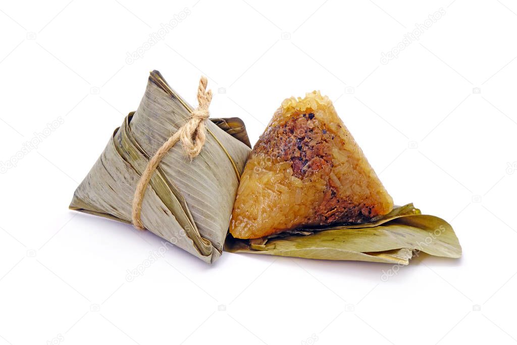 Sticky rice dumpling or Zongzi (Pyramid-shaped dumpling made by wrapping glutinous rice in bamboo leaves) for Chinese Boat dragon festival (5th Lunar month festival. Isolated on white background