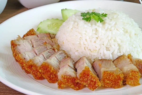 Rice crispy pork (Kao Moo krop) , popular Thai local food for breakfast and lunch