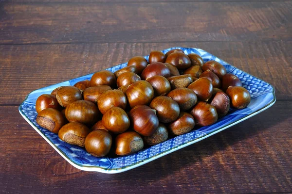 Chestnuts Roasted Chestnuts Chinese Blue White Porcelain Dish — Stock Photo, Image