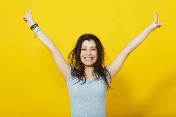 Happy lucky woman with hands raised Royalty Free Stock Images