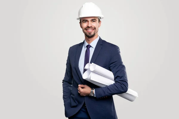 Happy male architect with drafts — Stock Photo, Image