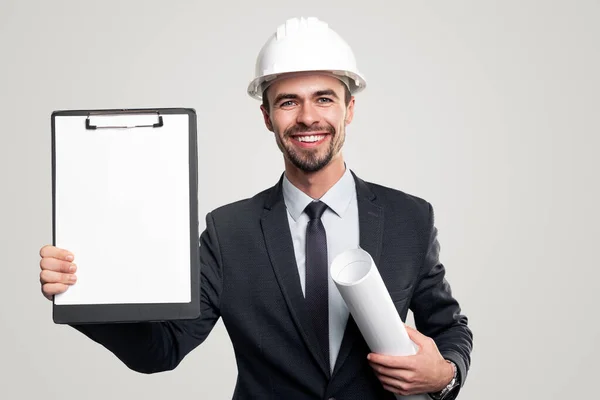 Cheerful architect with clipboard and draft — Stock Photo, Image