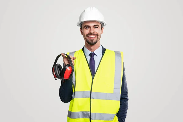 Happy male contractor with headset — Stock Photo, Image