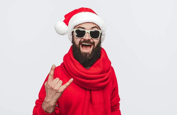 Animado hipster gesticulando chifres no dia de Natal — Fotografia de Stock