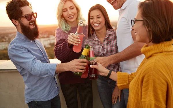 Amici eccitati clinking bottiglie durante la festa sul tetto — Foto Stock