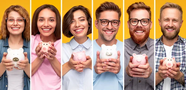 Pessoas felizes com bancos porquinhos — Fotografia de Stock