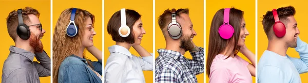 Excited young people listening to music — Stock Photo, Image