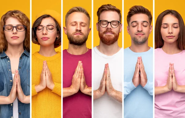 Grupo de jovens meditando com as mãos de oração — Fotografia de Stock