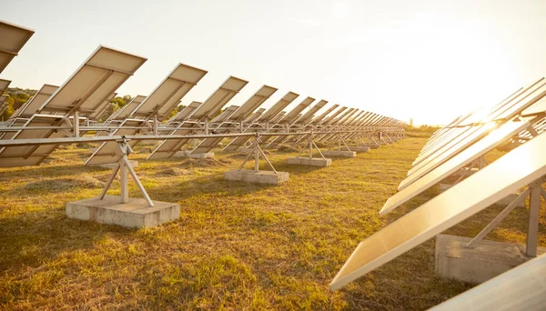 Campo com painéis fotovoltaicos ao pôr-do-sol — Fotografia de Stock