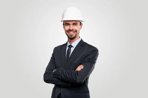 Smiling engineer in suit and helmet — Stock Photo, Image