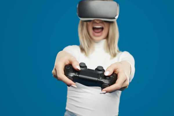 Excited woman playing VR game — Stock Photo, Image