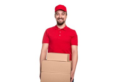 Kutuları olan mutlu teslimatçı.