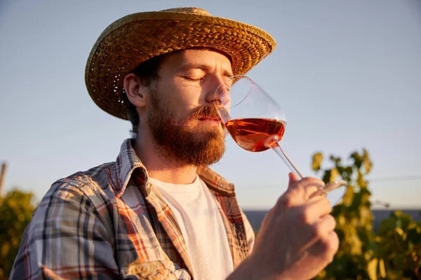 Hombre agricultor beber vino en el viñedo — Foto de Stock