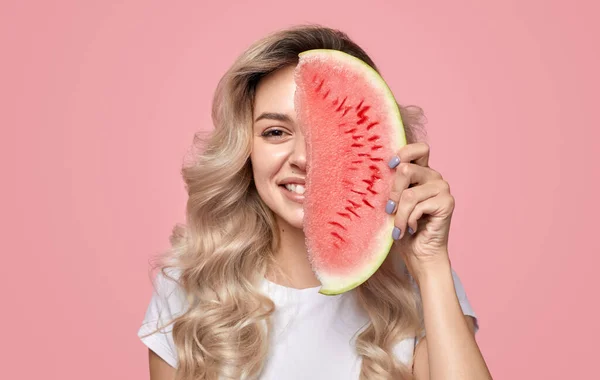 Cheerful woman with slice of watermelon — Stock Photo, Image