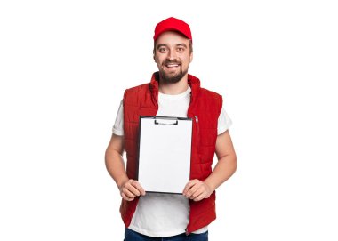 Boş pano gösteren neşeli kurye