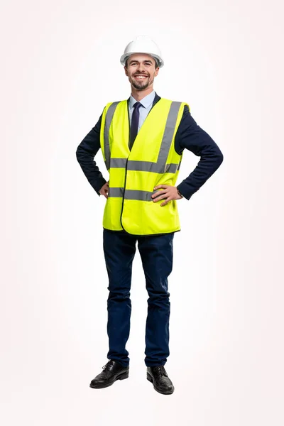 Cheerful engineer in waistcoat and hardhat — Stock Photo, Image