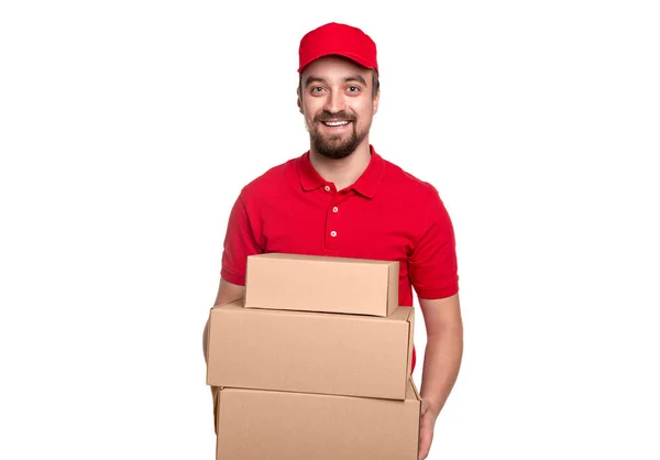 Homem de entrega feliz com caixas de papelão — Fotografia de Stock
