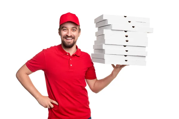 Entrega amigável homem com pilha de caixas de pizza — Fotografia de Stock