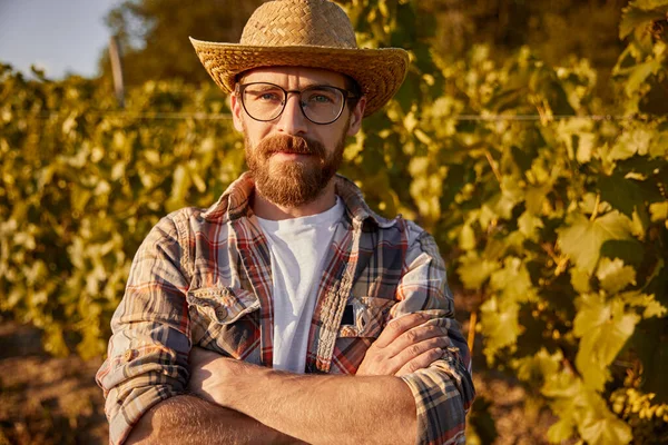 Zelfverzekerde landbouwer in wijngaard — Stockfoto
