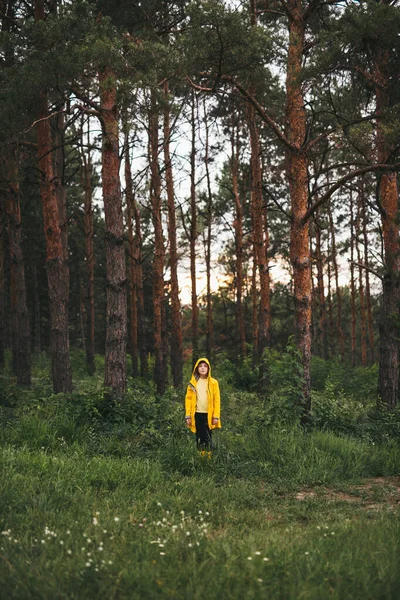 Παιδί με αδιάβροχο στο πράσινο δάσος — Φωτογραφία Αρχείου