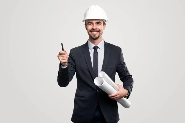 Smiling contractor with drafts and pen — Stock Photo, Image