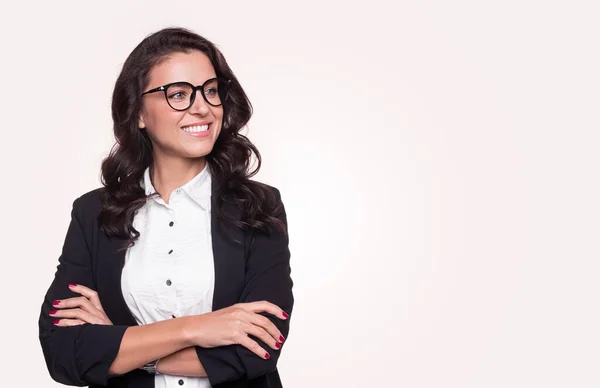 Femme d'affaires positive dans des lunettes détournant les yeux Photos De Stock Libres De Droits