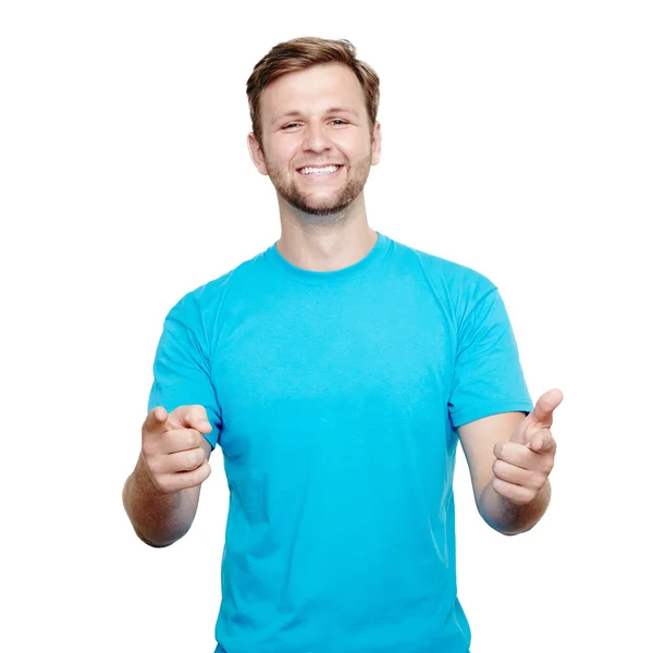 Sonriente joven apuntando a la cámara — Foto de Stock