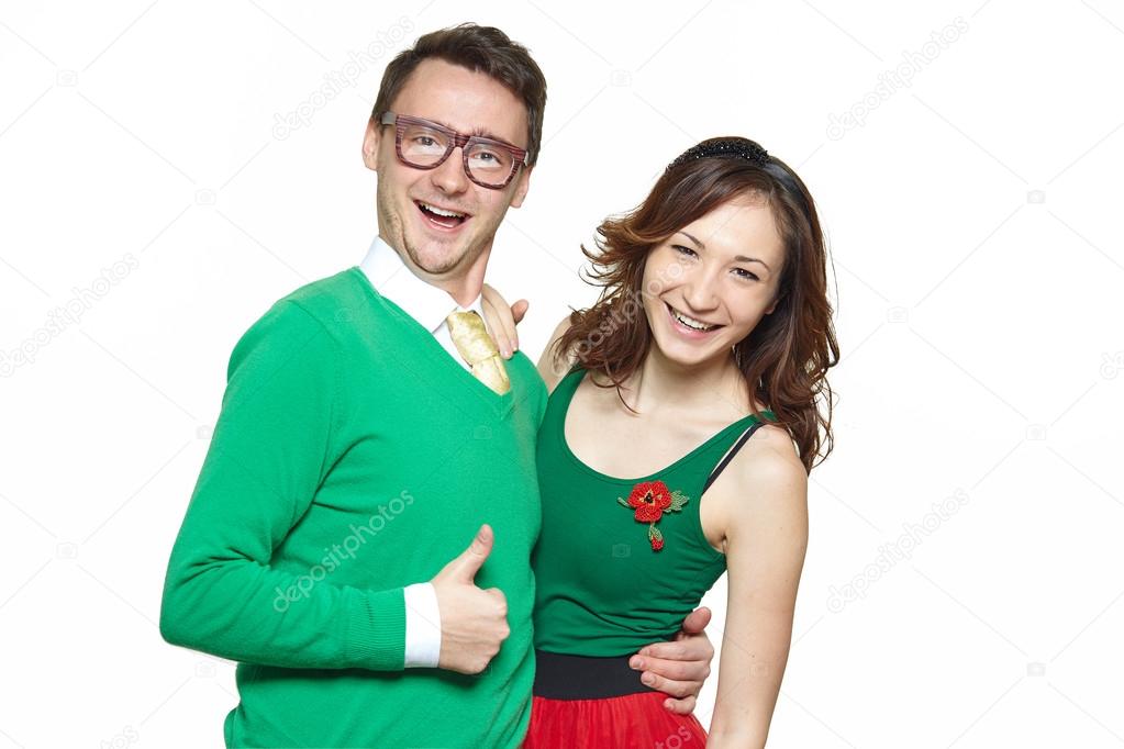 Happy nerd couple isolated on white