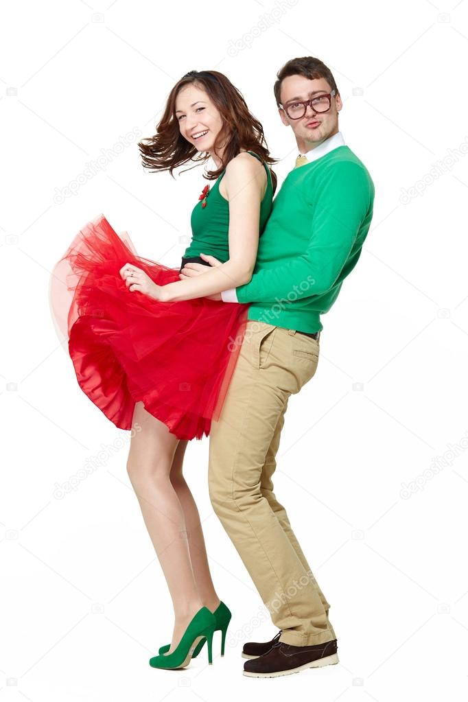 Happy nerd couple dancing