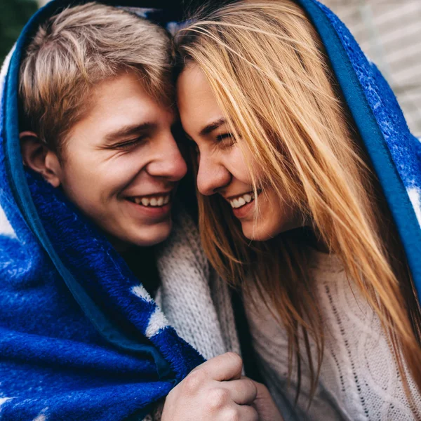 Close-up portrait of laughing hipsters couple in love. — Stock Photo, Image