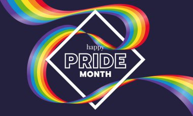 Mutlu gurur ayı mesaj sözcüğü Elmas Meydanı çerçevesi ve gökkuşağı gurur bayrağı etrafında dalgalanan koyu mor arka plan vektör tasarımı