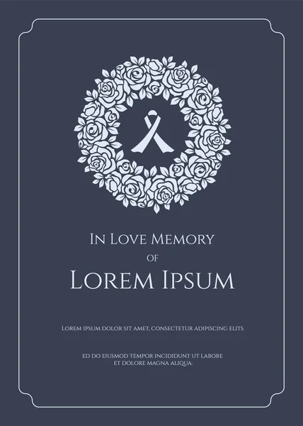 Funeral Card Banner White Ribbon Sign Circle White Rose Wreath — Stock Vector