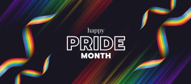 Mutlu Onur Ayı metinleri ve gökkuşağı gurur kurdeleleri açık çizgili gökkuşağı dokusu ve koyu arkaplan vektör tasarımı dalgası