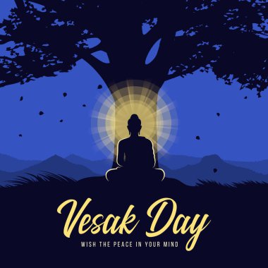 Vesak Günü - Siluet Lord Buddha gece vakti Bodhi ağaçlarının altında aydınlık ışık ile meditasyon yaptı.