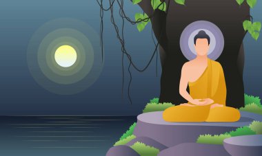 Lord Buddha 'nın nehir kıyısındaki Bodhi ağacının altında meditasyonu ve dolunay gecesi çizimi.