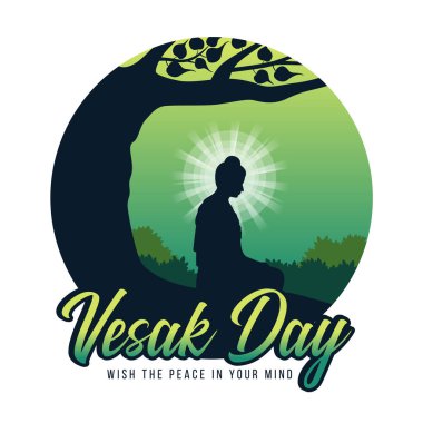 Vesak Günü, zihin metninde huzur dile ve Buddha 'nın ormandaki bodhi ağacının altında yeşil arka plan tasarımı üzerinde meditasyon yapmasını sağla.
