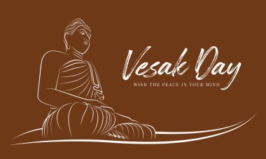 Soyut beyaz çizgi sınırına sahip Vesak Günü Buda, kahverengi arkaplan vektör tasarımı üzerine meditasyon yaptı ve aydınlandı.