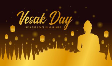 Altınla dolu bir Vesak günü gece tapınağında Buda 'nın büyük bir meditasyon heykeli ve gökyüzü vektör tasarımında fener.