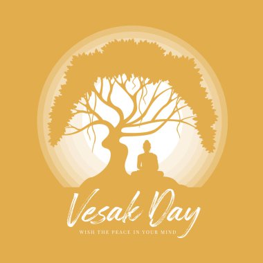 Siluet ile Vesak günü Buda meditasyonu Bodhi ağacının altında dolunay gecesi sarı arka plan vektör tasarımında.