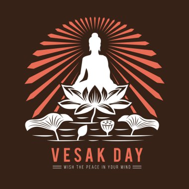 Vesak Günü pankartı. Lord Buddha, nehirde Büyük Lotus ve Işıltı vektör tasarımı üzerine meditasyon yaptı.