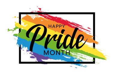 Gökkuşağı bayrak fırçası ve dikdörtgen çerçeve tasarımı üzerine Mutlu gurur ayı metin sözcüğü