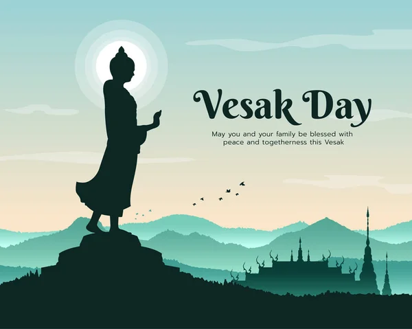 Ημέρα Του Βέσακ Άγαλμα Του Βούδα Στάθηκε Και Σήκωσε Χέρι — Διανυσματικό Αρχείο
