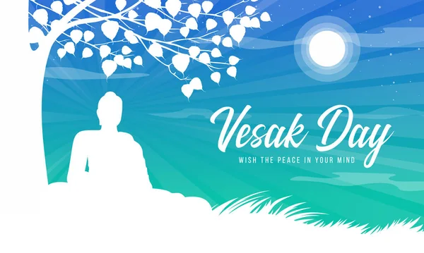 Beyaz siluet ile Vesak günü Lord Buddha, dolunay vektör tasarımının yapıldığı gece Bodhi ağacının altında meditasyon yaptı ve aydınlandı.