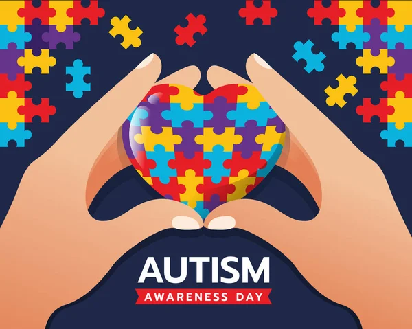 Wolrd Autism Awareness Day Banner Con Las Manos Mantenga Cuidado — Vector de stock