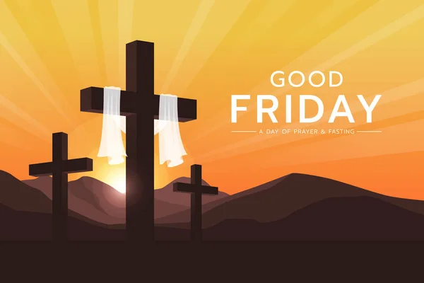 美好的星期五 祈祷和禁食的日子 挂在十字架上的白布和黄色金色日落矢量图案 — 图库矢量图片